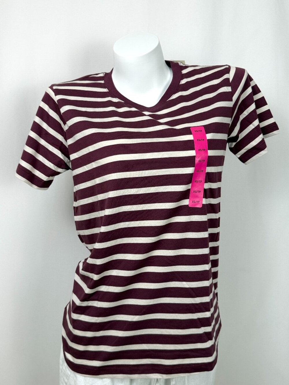 🔥4 for $20🔥George Striped Crew Neck Tee Shirt Womens XS Burgundy